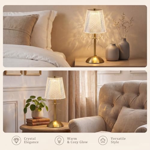 Image of Liliful 2 Pcs Cordless Table Lamp Rechargeable Touch LED Small Gold Portable Battery Operated USB-c Desk Lamp 3 Color Dimmable for Bedroom Living Room Dining (Gold,Crystal Cut Style Bow)