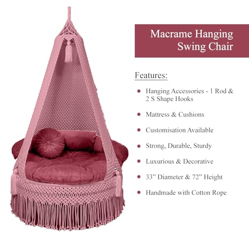 Image of KAAHIRA Bohemian Macrame Hanging Swing Chair- Aesthetic Cotton Rope Hammock for Indoor & Outdoor - Patio, Balcony, Bedroom, Living Room, Garden-Kids, Adults & Pets - Boho Decor (Pink)