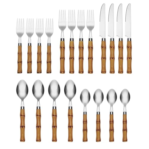 Cambridge Silverware Set, Plastic Bamboo-Shaped Handle 20-Piece Flatware Set, 18/0 Stainless Steel, Service For 4, Dishwasher Safe, Knife Spoons and Forks sets, Plastic Handles (Silver, 20 Piece)