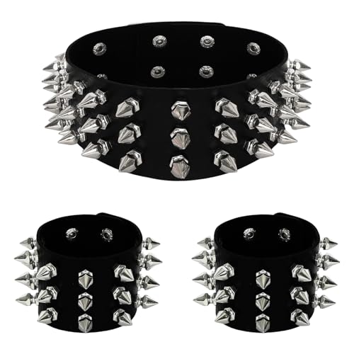 Leather Studded Spike Bracelet Necklace Chokers Gothic Metal Punk Rivet Cuff Black Bangle Wristband for Women Men