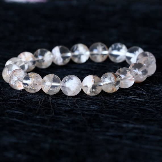 LKBEADS 1 Strands Natural White Orange Sericite セリサイト Quartz Stretch Men's Bracelet Round Beads 10mm 05004