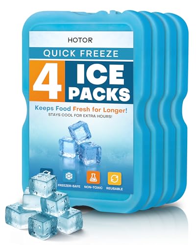 HOTOR Reusable Ice Packs for Cooler & Lunch Boxes – Slim, BPA-Free, Leakproof Gel Packs for Lunch Bag, Cooler Backpack & Travel Food Storage (4 Packs), 4.8' x 0.5' x 7.0'