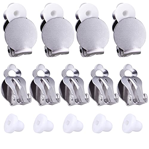 20Pcs Round Flat Back Tray Earring Clips Stainless Steel Non-Pierced Earrings Converter Components With 20Pcs Silicone Earring Findings Pad Base For Diy Jewelry Making #TOP21