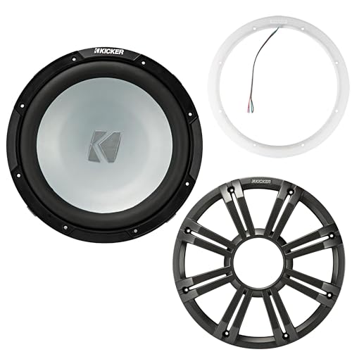 Kicker 45KM122 12 Inch Marine Subwoofer 2 Ohm Charcoal Grill with 47KLSR12 Led Lighted Speaker Ring