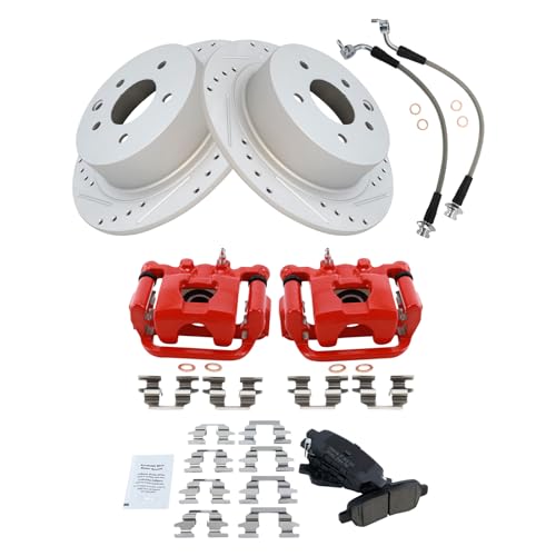 Image of TRQ Performance Rear Brake Pad and Rotor Set Ceramic Slotted Drilled Coated