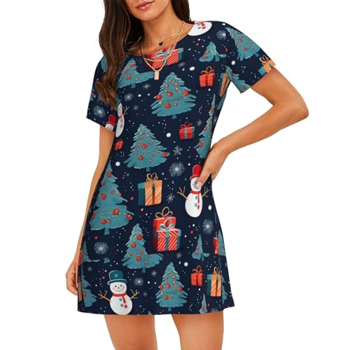 Chemise de nuit à manches courtes bonhomme de neige bleu pour femme
