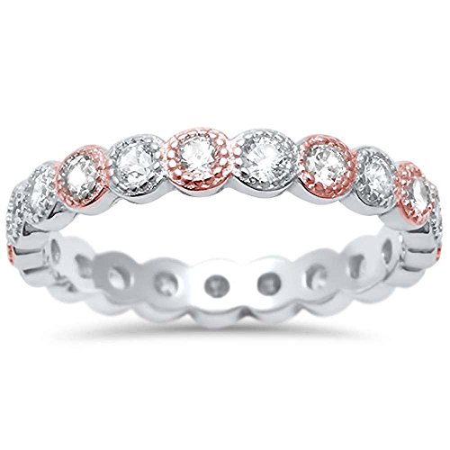 Oxford Diamond Co Simulated Gemstone & Cubic Zirconia Antique Style Bezel Set Eternity Stackable .925 Sterling Silver Ring Sizes 4-10 (Sterling Silver with Rose Gold Accent, 7)