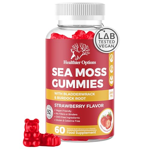 Healthier Options Irish Sea Moss Gummies with Bladderwrack & Burdock Root 5680 Mg | 60 Gummies | Strawberry Flavour | Vitamins & Minerals | Organic Natural Vegan Gluten Free Non GMO High Strength