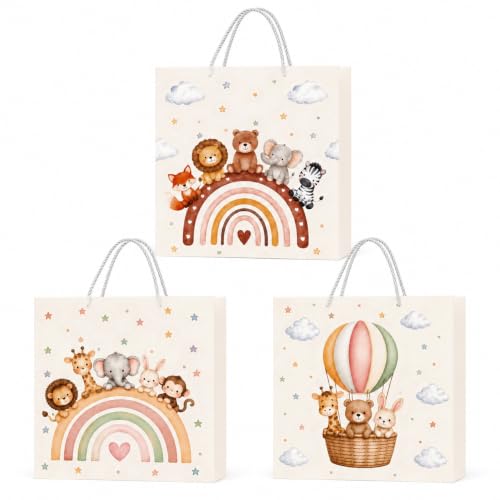 JOVYTH Lot de 3 Sacs Cadeaux Bébé, Pochette Naissance Moyen Format pour Baby Shower, Sac en Papier avec Poignées Motif Arc-en-ciel et Animaux pour Nouveau-Né