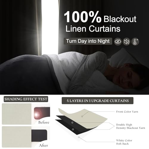 Image of Light Cream Linen Curtains 90 Inches Long Decorative Total Blackout Window Curtains Cute for Nursery /Sliding Glass Doors Pinch Pleated with Hooks Linen Blend Insulated Thermal Drapes 2 Panels