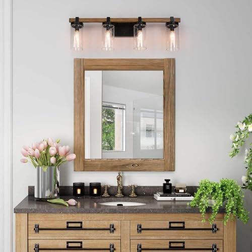 Image of Farmhouse Bathroom Vanity Light Fixtures, 4-Light Large Faux Wood Bathroom Lights Over Mirror, 28 inch Rustic Vanity Lights for Bathroom with Seeded Glass Shade