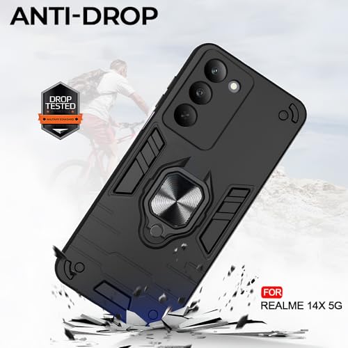 Image of AESTMO Realme 14X 5G Back Case Cover | Tough Armor Bumper | Ring Holder & Kickstand in-Built | 360 Degree Protection Cover for Realme 14X 5G (Black)
