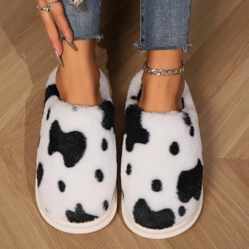Women Lounging Cow Print Slipper Fleece Comfy Lightweight Casual Slide Close-toe Plush House Sandal Keep Warm Shoe2
