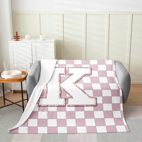 Image of Erosebridal Pink Initial K Flannel Blanket Kawaii Plaid Checkered Fuzzy Plush Throw Cute Personalized Monogram Fleece Blanket for Kids Girls,Fashion Grids Gingham Decor for Bed Couch Throw 50 inchx60 inch