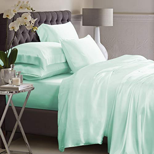 Bedify Bedding 100% Pure Silk Satin Duvet with Fitted Set 4 Pcs Silk Fitted Sheet 15" Deep Pocket Silk Duvet Cover Pillowcases Set|Cool Soft Silk Sheets|Wrinkle Free Fade Resistant (Queen, Aqua Blue)