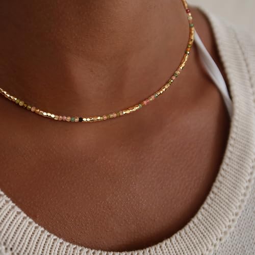 MYEARS Women Beaded Choker Necklace Gemstone 14K Gold Plated Simple Dainty Handmade Chain Everyday Trendy Jewelry3