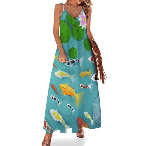 Robe longue femme ete pour voyages et plage, look maxi sans manches Poisson d'Étang ultra fluide