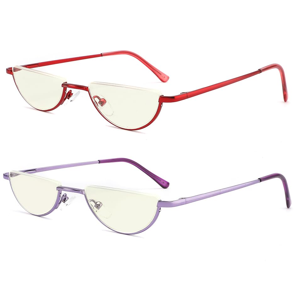 Yiwaeye 2 Pack Half Moon Reading Glasses Anti Blue Light UV, Half Frame Semi Lens Slim Spring Hinge Readers with Case for Men Women Red/Purple +2.5