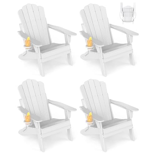 GREENVINES Oversized-Folding-Adirondack-Chairs-Set-of-4 | HDPE Plastic | Cup Holder | Fire Pit Chair | All Weather | for Outdoor Deck Backyard | White