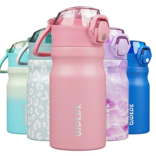 Image of BJPKPK 14 oz Insulated Water Bottle, Straw, Handle, Stainless Steel Flask | Leak Proof Locking Lid, Double Wall Vacuum, Keeps Hot /Cold, BPA Free, Dishwasher Safe, Travel & Sports, Light Pink