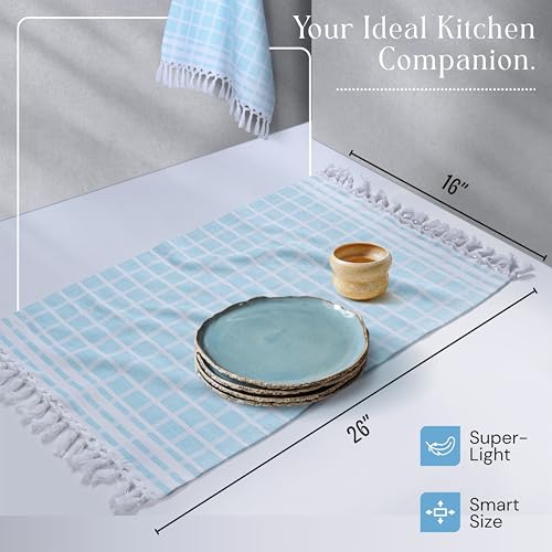 Image of Matrix Dobby Kitchen Towels 4 Pack, 100% Cotton, 16x26 Inches, Handmade Knotted Tassel Tea Towels, Reusable & Absorbent Wash Rags for Drying and Cleaning - Aqua Blue, White