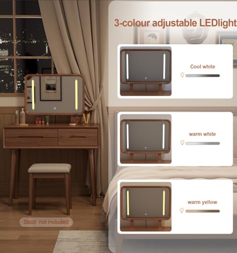 Image of KungFuWood 100% Solid Wood Makeup Vanity Desk with Mirror and Lights,Dressing Table with3 Lighting Modes and 3 Drawers,Vanity Table for Bedroom(No Chairs Included)
