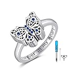 AOBOCO 925 Sterling Silver Butterfly Cremation Urn Ring Holds Loved Ones Ashes, Forever in My Heart Urn Ring for Ashes for Women, Cremation Memorial Keepsake Ring Jewelry with Austrian Crystals