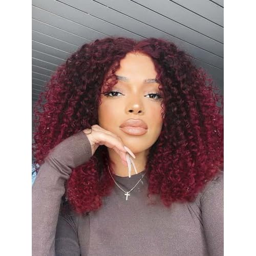 WIGER 15 inch Short Bob Lace Front Wigs Middle Part Wigs Curly T Part Wigs Ombre Burgund Afro Kinky Curly Wigs Synthetic Curly Wig For Black Women 99J