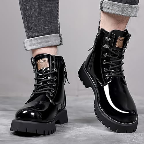 Men's Genuine Leather Lace-Up Platform Chukka Boots Fashion Mirror High Top Side Zipper Lug Sole Combat Boots Outdoor Anti-Slip Four Seasons Booties2