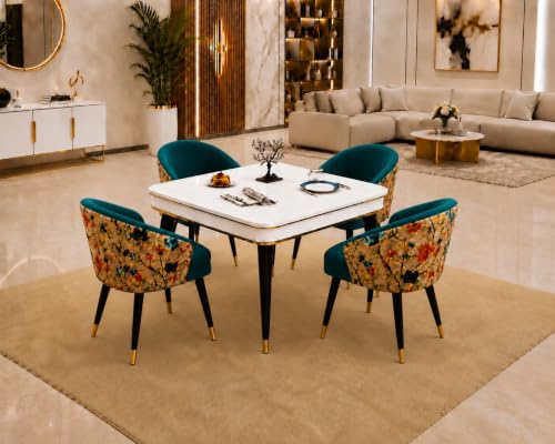 Image of WOODEN SPACE 4 Seater Wooden Dining Table Set | Urban Marble Top Dining Table with Chairs for Dining Room & Kitchen (Modern Classic Printed Sea Blue) (42 x 42 x 30 inch)
