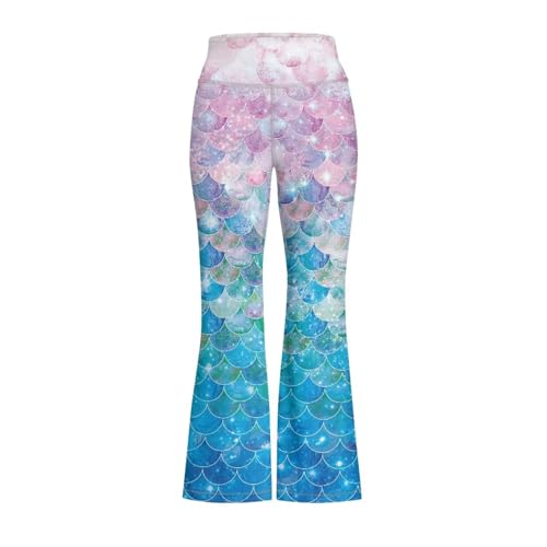 Mermaid Scales Girls Flare Leggings Kids Bell Bottom Cross High Waisted Dance Yoga Flared Pants