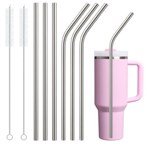 6 Pack Stainless Steel Straw Replacement for Stanley 40 oz 30 oz Tumbler,3 Straight + 3 Curved BPA Free Reusable Metal Straws with Cleaning Brush, 12Inch Long Drinking Reusable Accessories