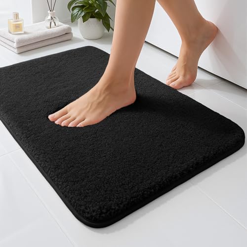 RUN HELIX Alfombra de baño de 40 x 60 cm, pelo largo esponjoso, antideslizante, superabsorbente, lavable a máquina, de microfibra, para el suelo de la bañera, color negro