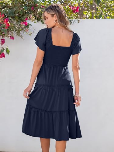 ANRABESS Women Summer Casual Square Neck Flutter Sleeve Boho Smocked A-Line Flowy Tiered Modest Midi Sun Dress with Pockets3