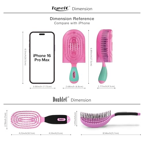 NuWay® Traveler® + DoubleC® Scalp Care Hair Brush Bundle – Compact Travel® Brush with Protective Case & Patented Double Curve Brush with BrainyBristles® for Scalp Massage, Wet & Dry Hair (Rose Pink) image 5