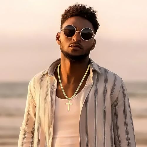 14K Gold Plated Beveled Edge Cross Necklace for Men Women, 5mm Diamond Cut Gold over Sterling Silver Cuban Link Chain, Fashionable Men's Crucifix Pendant Chain Necklaces 16-30 Inches2