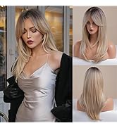 HAIRCUBE Shoulder-Length Synthetic Wigs with Bangs Ombre Blonde Wigs for Women Long Curly Blonde ...