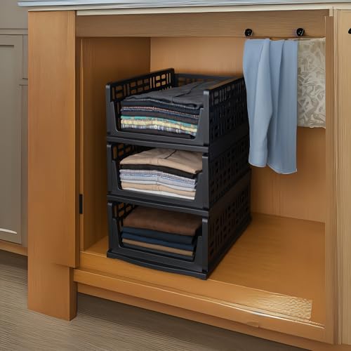 Image of Foldable Drawer Organizer with Stackable Storage Boxes for Wardrobe & Cupboard | Multipurpose Space Saving Storage Bins for Clothes, Toys, Books & Daily Essentials, Black (Pack of 3)