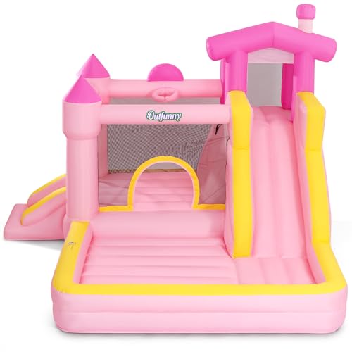 Outfunny Inflatable Bounce House, Pink Bouncy House for Kids Girls 3-12 with Slide, Outdoor & Indoor, 450W Blower - Pink