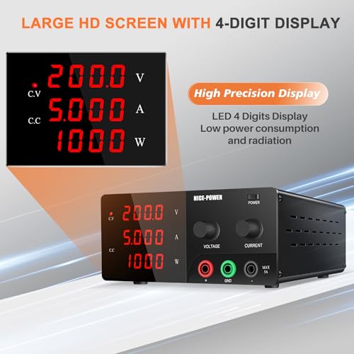 Image of NICE-POWER Variable DC Power Supply - 200V 5A 1000W, High Power Benchtop Laboratory Power Supply with Encoder Adjustable Voltage Regulator and Built-in Intelligent Fan