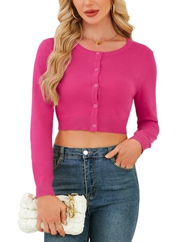 Veryoung Cardigan Sweaters for Women 2026 Fashion Fall Lightweight Cropped Business Crew Neck Button Down Tops Knit Bolero Shrug Sweaters Clothing(Rose Red, Small)
