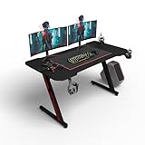 TRIUMPHKEY Mesa Gaming 140x60 cm, Escritorio Gaming de Ergonómica, Mesa Gamer con Portavasos y Gancho para Auriculares, Mesa de Superficie de Fibra de Carbono Impermeable, Negro