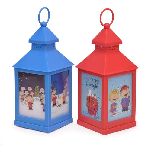 Mark Feldstein, Peanuts Christmas Holiday Flamless LED Tabletop Lanterns, Red and Blue, 9.5 Inch (Set of 2) by Mark Feldstein & Associates - Used condition - US$17.24