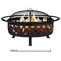 SUNCREAT 42” Patio Fire Pit Wood Burning with Mesh Spark Screen, Bonfire Outdoor firepit with Fireplace Poker, Black