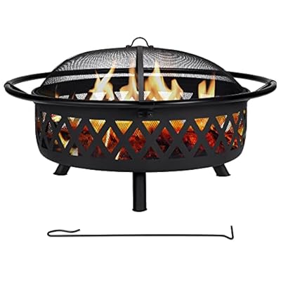 SUNCREAT 42” Patio Fire Pit Wood Burning with Mesh Spark Screen, Bonfire Outdoor firepit with Fireplace Poker, Black