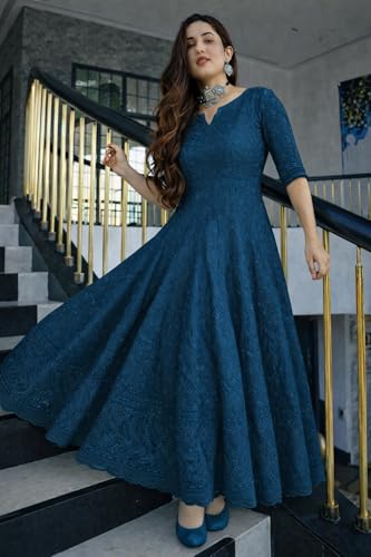 Image of LookMark Women's Chikankari Embroidered Ethnic Gown, Ankle Length Flared Dress, 3 /4 Sleeves, Traditional Indian Wear