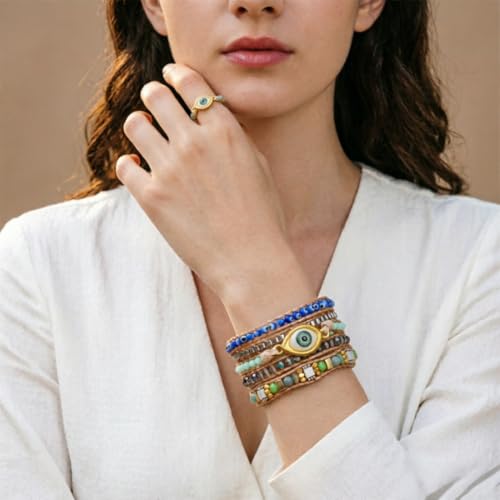 Image of YGLINE Natural Stone Bracelet 5 Wraps Bracelet Handmade Blue Color Boho Bracelet for Women Bracelet
