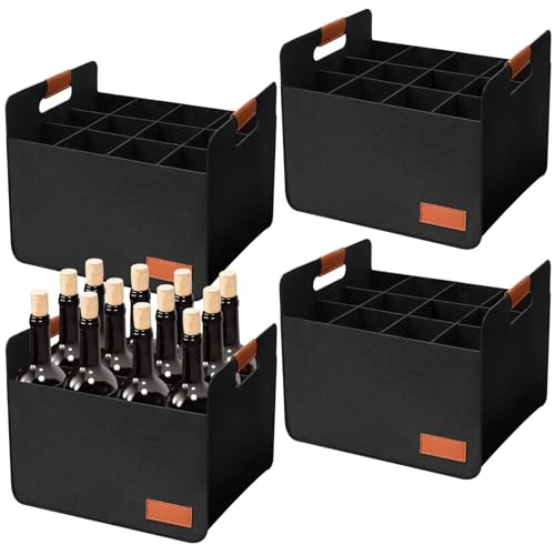 Windyun 8 Pcs 12 Bottle Wine Bottle Boxes for Moving Wine Carrier Tote with Reinforced Cardboard Set 14.5''x12.6''x10.63'' Reusable Felt Tote Bag with Handles Collapsible Ratafia Packing (Black)