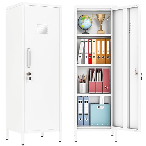 Image of PAOFIN 47 inch Metal Storage Locker, Lockable Employees Metal Locker with Door and Adjustable Shelves, Steel Locker for Home, School, Office, Gym (White)