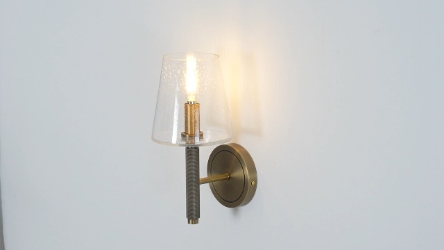 Image of 12 inch Knurled Brass Wall Sconces Set of 2,Gold Bathroom Vanity Light Fixtures with Clear Seeded Glass Shade,Dimmable Hardwired Lamp Lighting for Bedroom,Living Room,Hallway,Staircase,Mirror